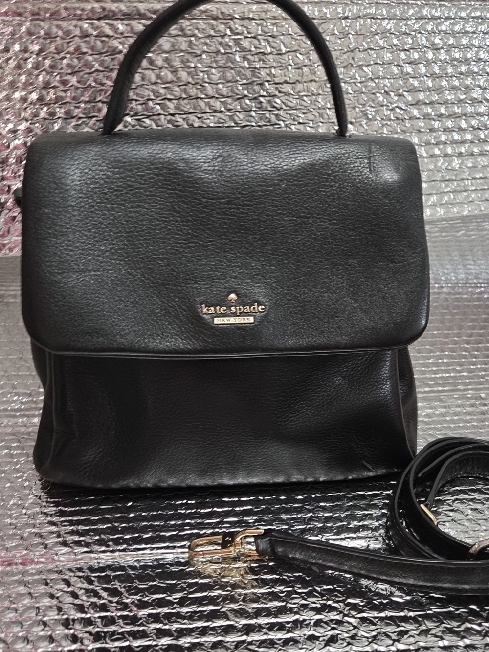 kate spade Black Leather Top-Handle Satchel with Gold Logo